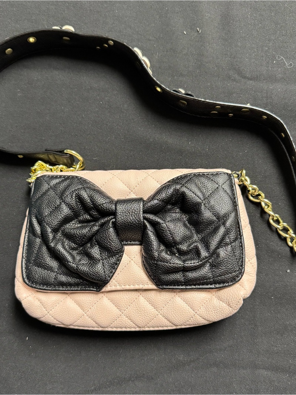 Betsey Johnson Blush and Black Quilted Crossbody with Bow Detail